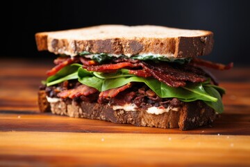 a blt sandwich on rye bread, closeup shot
