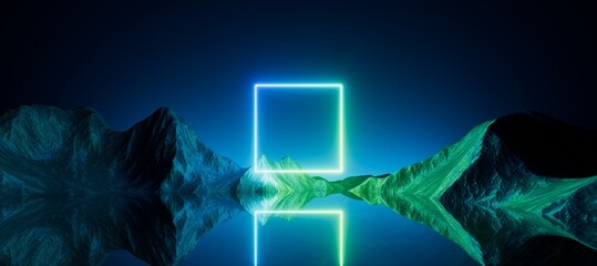 3d render, abstract futuristic background. Neon square blank frame glowing in the dark, extraterrestrial landscape. Rocks and water reflection. Modern minimalist wallpaper