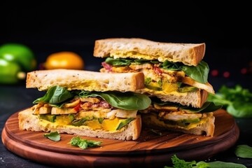 exotic sandwich with curry chicken and fresh green basil