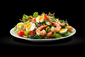 salad with shrimps and eggs and vegetables on black background