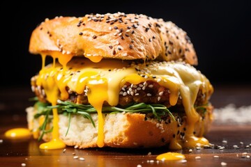 sandwich with drippy mustard on a crisply toasted bun
