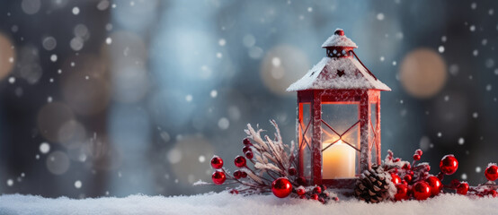 Christmas backround, Christmas lantern in the snow, christmas backround, generative ai 