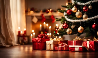 Holidays background with illuminated Christmas tree, gifts and decoration, Generative AI