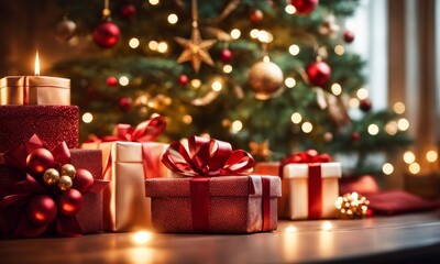 Fototapeta na wymiar Holidays background with illuminated Christmas tree, gifts and decoration, Generative AI