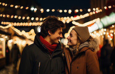 romantic couple in love at a christmas market