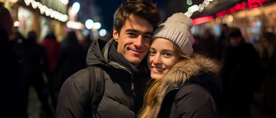 Fototapeta na wymiar romantic couple in love at a christmas market