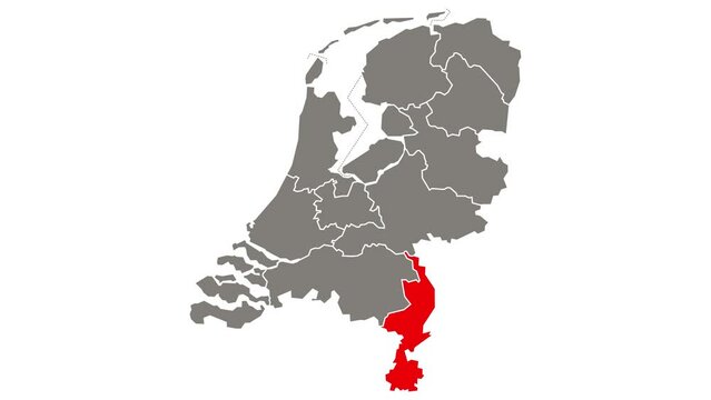 Limburg province blinking red highlighted in map of Netherlands
