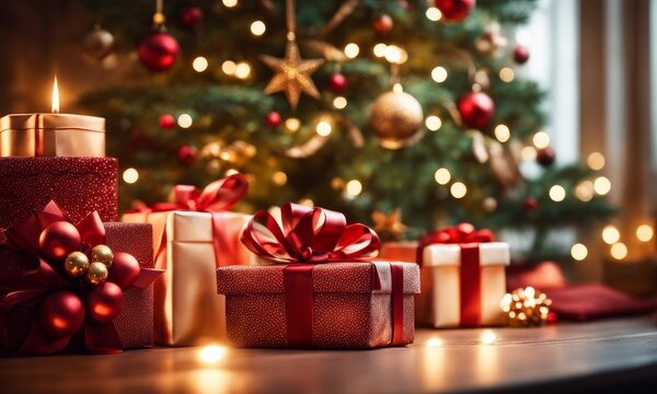 Holidays background with illuminated Christmas tree, gifts and decoration, Generative AI