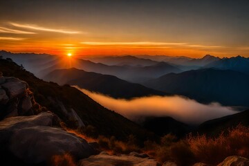 A photograph capturing the breathtaking sunset over the rugged mountain range, evoking a sense of tranquility and grandeur.
