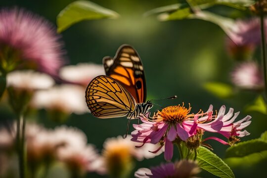 A Photograph capturing the ethereal beauty of a solitary butterfly, delicately perched on a vibrant blossom, unveiling the wonders of nature's intricate design.