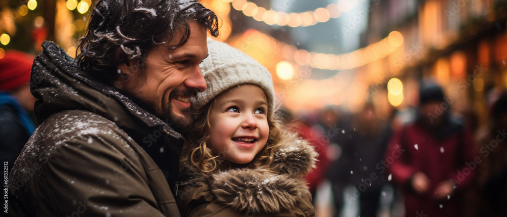 Poster father and his child at a german christmas market