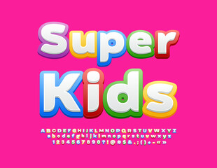 Vector colorful Emblem Super Kids. Bright creative Font. Cute Children Alphabet Letters and Numbers set