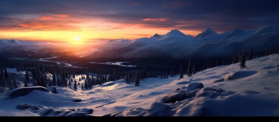 Snowy forest at sunset. Beautiful winter landscape
