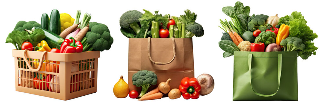 Set of Shopping bag with vegetables Decor cut out transparent isolated on white background ,PNG file ,artwork graphic design illustration.