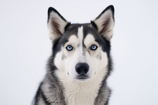 Close up portrait of a sled dog looking at camera, white background, studio shot