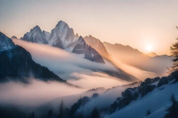 A Photograph capturing the serene beauty of a secluded mountain peak at sunrise, bathed in soft...