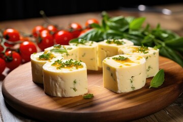 a round of cheese with sprigs of basil and cherry tomatoes