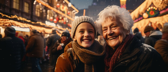 Fototapeta premium grandmother and her grandchild at a christmas market