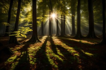A tranquil forest scene with sunlight filtering through the leaves, creating a play of shadows on the ground.