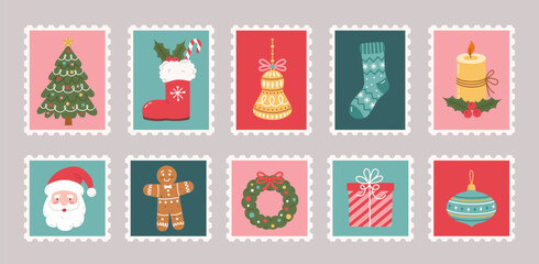 Fototapeta na wymiar Christmas postage stamps with holiday symbols and elements of decoration for envelopes. New Year stickers with Santa Claus, Christmas tree, gifts. Vector flat illustration.