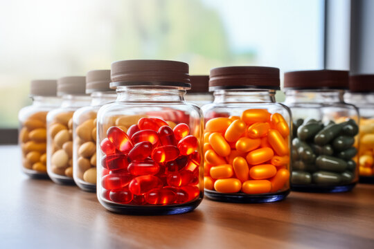 Close-up of biohacking supplements on a white table background with empty space for text 