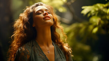 Naklejka premium Biohacker practicing breathwork technique outdoor background with empty space for text 