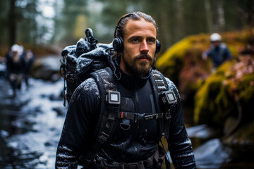 Obraz premium Adventurous individual bracing cold river plunge showcasing biohacking cold exposure practice 