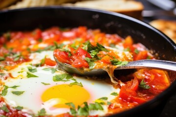 close-up shot of a spoon digging into the creamy yolk within a shakshuka dish