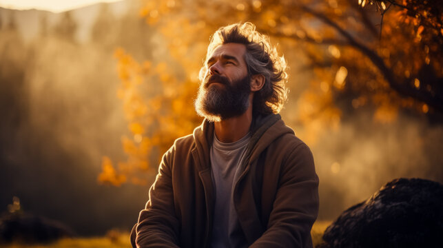 Biohacker practicing breathwork technique outdoor background with empty space for text 