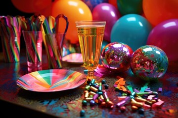 close up of colorful new years party supplies