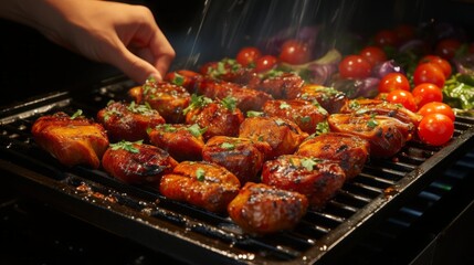 Shot of hand moving sausages around on an argentinian asado mixed grill - obrazy, fototapety, plakaty