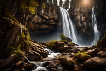A majestic waterfall cascading down a rocky cliff in a remote, untouched wilderness.