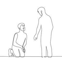 man sits on knees in front of standing man, palms folded together in pleading gesture, second one extends hand to him - one line art vector. concept of giving alms, charity, social assistance