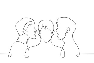 two men whisper in the ears of a man standing between them - one line art vector. concept telling secrets, convincing, recruitment, brainwashing, to get him on their side