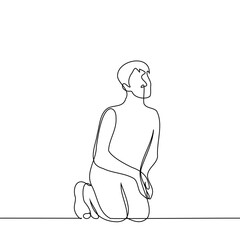 man sits on his knees, standing up, with his palms folded together in a pleading gesture - one line art vector. concept of praying or asking for help or alms