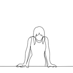 woman stands with her hands on the table and looks down - one line art vector. concept of reflection, dead end, logical task, thoughtfulness