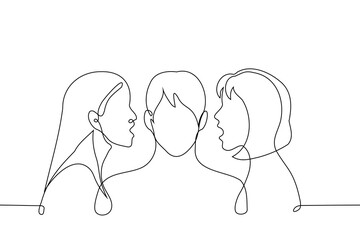 two women whisper in the ears of a man standing between them - one line art vector. concept competition between women for one man, men's brainwashing by women