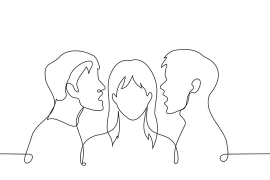 men whisper in ears of woman standing between them - one line art vector. concept competition between men for one woman, brainwashing of women by men, gaslighting, mansplaining