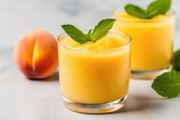 freshly prepared peach smoothie in a transparent glass with mint leaves