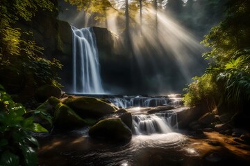 A Photograph capturing the ethereal beauty of a cascading waterfall shrouded in mist, as sun rays pierce through the dense foliage.