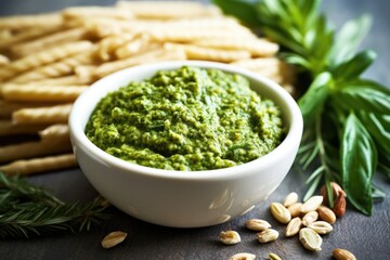 fresh green pesto in a bowl beside uncooked spelt pasta