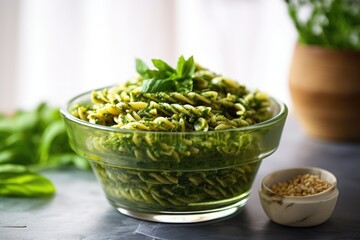 pesto-dressed spelt pasta, served in a polished glass bowl
