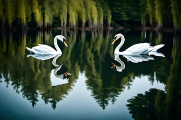 A pair of graceful swans gliding on the calm surface of a pristine, mirror-like lake, their reflections vividly visible.