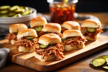 smoky bbq pork sliders with spicy jalapeno pickles on a bamboo tray