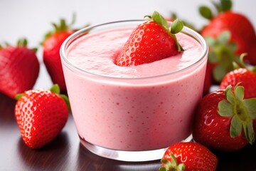a close-up shot of a strawberry yogurt drink with tiny bubbles