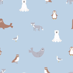 Seamless pattern Cute Arctic animals. Vector illustration with funny polar animals. Polar bear walrus seal seagull scribe owl. © Elenglush