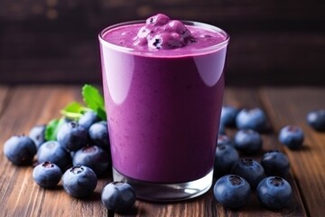 close-up of a purple smoothie with fresh blueberries on wooden table