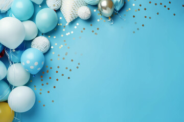 Composition with different birthday accessories on blue background, space for text