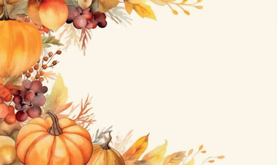 Naklejka na ściany i meble Watercolor background, frame, template for design, pumpkins, thanksgiving, autumn