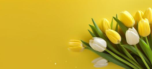 Congratulatory banner yellow and white tulips on yellow background